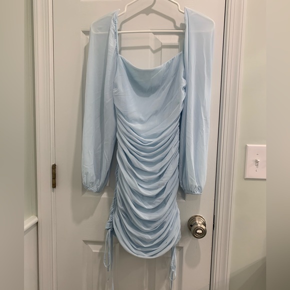 Light blue long sleeve ruched minidress - Picture 2 of 4